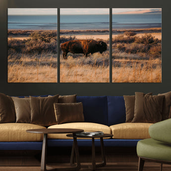 39509187-MGV-CV-36X24-Western Wildlife Wall Art Canvas Print, Framed Bison Art Picture Print, Golden Hour Perfect Western Rustic Decor Artwork