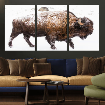 94261165-MGV-CV-36X24-Snowy Buffalo Wall Art Canvas Print, Framed Wildlife Photography Art Picture Print, Brown Tones Perfect Rustic Lodge Decor Decor