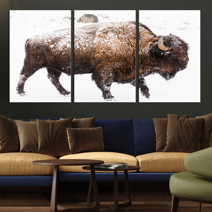 94261165-MGV-CV-36X24-Snowy Buffalo Wall Art Canvas Print, Framed Wildlife Photography Art Picture Print, Brown Tones Perfect Rustic Lodge Decor Decor