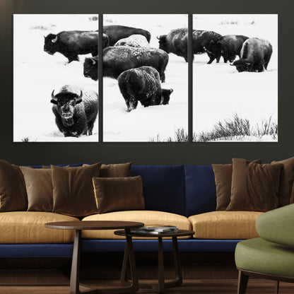 18914414-MGV-CV-36X24-Buffalo Herd Wall Art Canvas Print, Framed Black and White Art Picture Print, Snowy Landscape Perfect Rustic Lodge Decor Decor