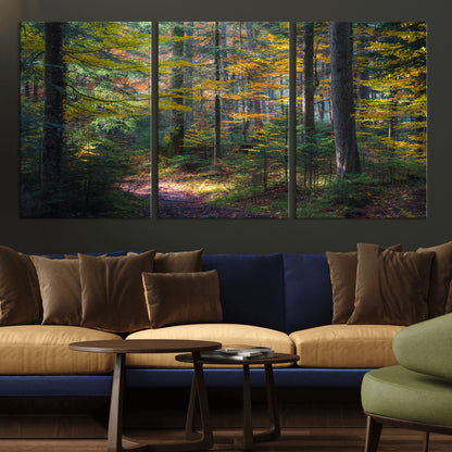 65810864-MGV-CV-36X24-Autumn Forest Wall Art Canvas Print, Framed Fall Woodland Art Picture Print, Golden Leaves Perfect Rustic Farmhouse Decor Artwork