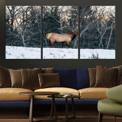 36533178-MGV-CV-36X24-Wild Elk Photography Wall Art Canvas Print, Framed Winter Wildlife Art Picture Print, Snowy Forest Perfect Rustic Lodge Decor
