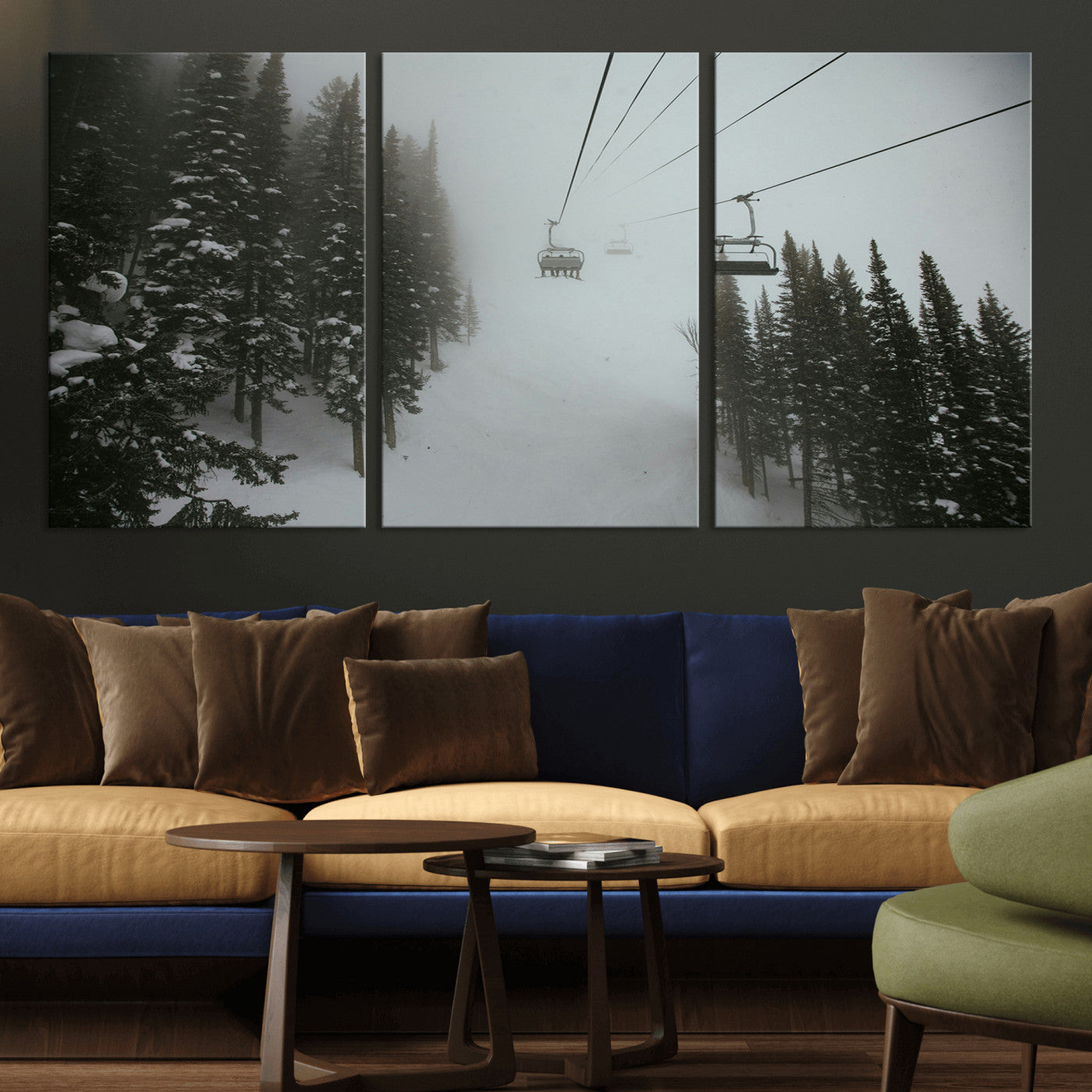 87018452-MGV-CV-36X24-Ski Lift Wall Art Canvas Print, Framed Snowy Pines Art Picture Print, Misty Landscape Perfect Winter Serenity Decor Artwork