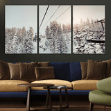 91534512-MGV-CV-36X24-Frosty Pines Wall Art Canvas Print, Framed Cozy Cabin View Art Picture Print, Ski Lift Ride Perfect Rustic Lodge Decor Artwork