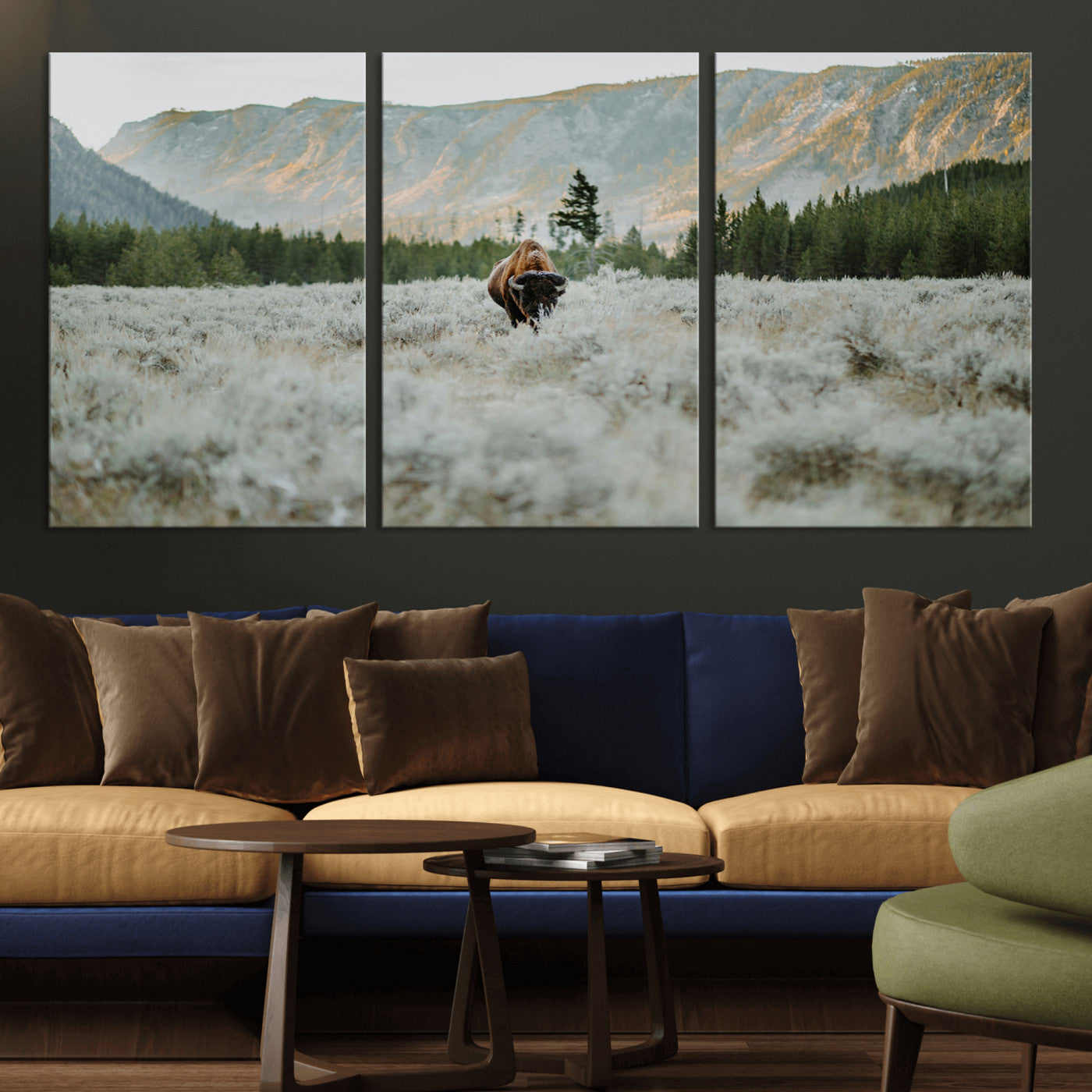 41674074-MGV-CV-36X24-Bison Wall Art – American Buffalo Wildlife Photography Canvas Print, Western Mountain Landscape Artwork Rustic Nature Decor for