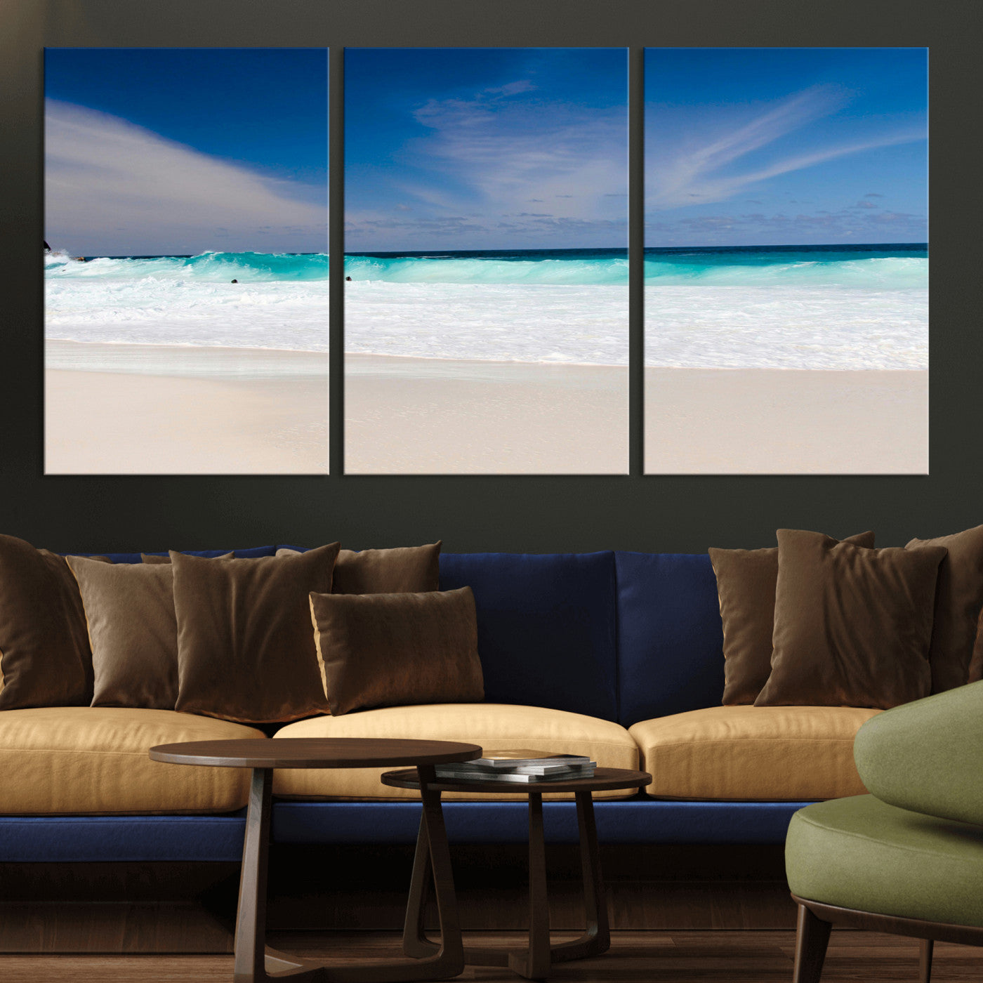 55017356-MGV-CV-36X24-Ocean Beach Wall Art – Turquoise Wave and White Sand Shoreline Canvas Print, Coastal Seascape Photography Decor for Living Room,