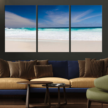 55017356-MGV-CV-36X24-Ocean Beach Wall Art – Turquoise Wave and White Sand Shoreline Canvas Print, Coastal Seascape Photography Decor for Living Room,