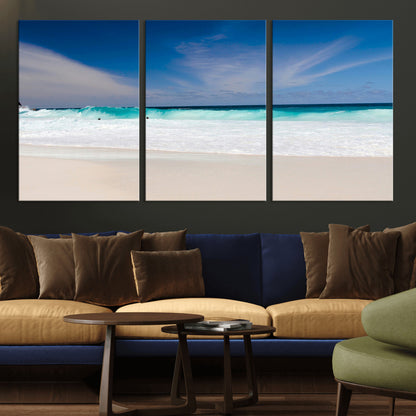 55017356-MGV-CV-36X24-Ocean Beach Wall Art – Turquoise Wave and White Sand Shoreline Canvas Print, Coastal Seascape Photography Decor for Living Room,