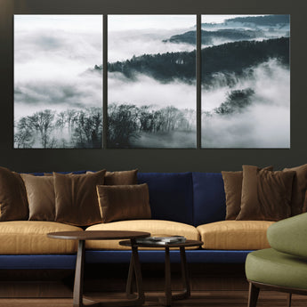 67569654-MGV-CV-36X24-Foggy Forest Wall Art – Mist Covered Hills and Trees Landscape Canvas Print, Moody Nature Photography Decor for Living Room,