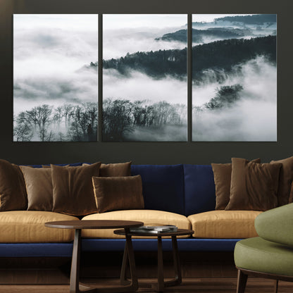 67569654-MGV-CV-36X24-Foggy Forest Wall Art – Mist Covered Hills and Trees Landscape Canvas Print, Moody Nature Photography Decor for Living Room,