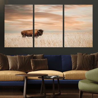 20306324-MGV-CV-36X24-Bison Wall Art – Lone American Buffalo Prairie Sunset Canvas Print, Rustic Western Wildlife Photography Decor for Living Room,