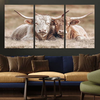 38651722-MGV-CV-36X24-Cow Wall Art – Rustic Longhorn Pair Canvas Print, Western Farmhouse Animal Painting, Country Ranch Decor for Living Room, Bedroom,