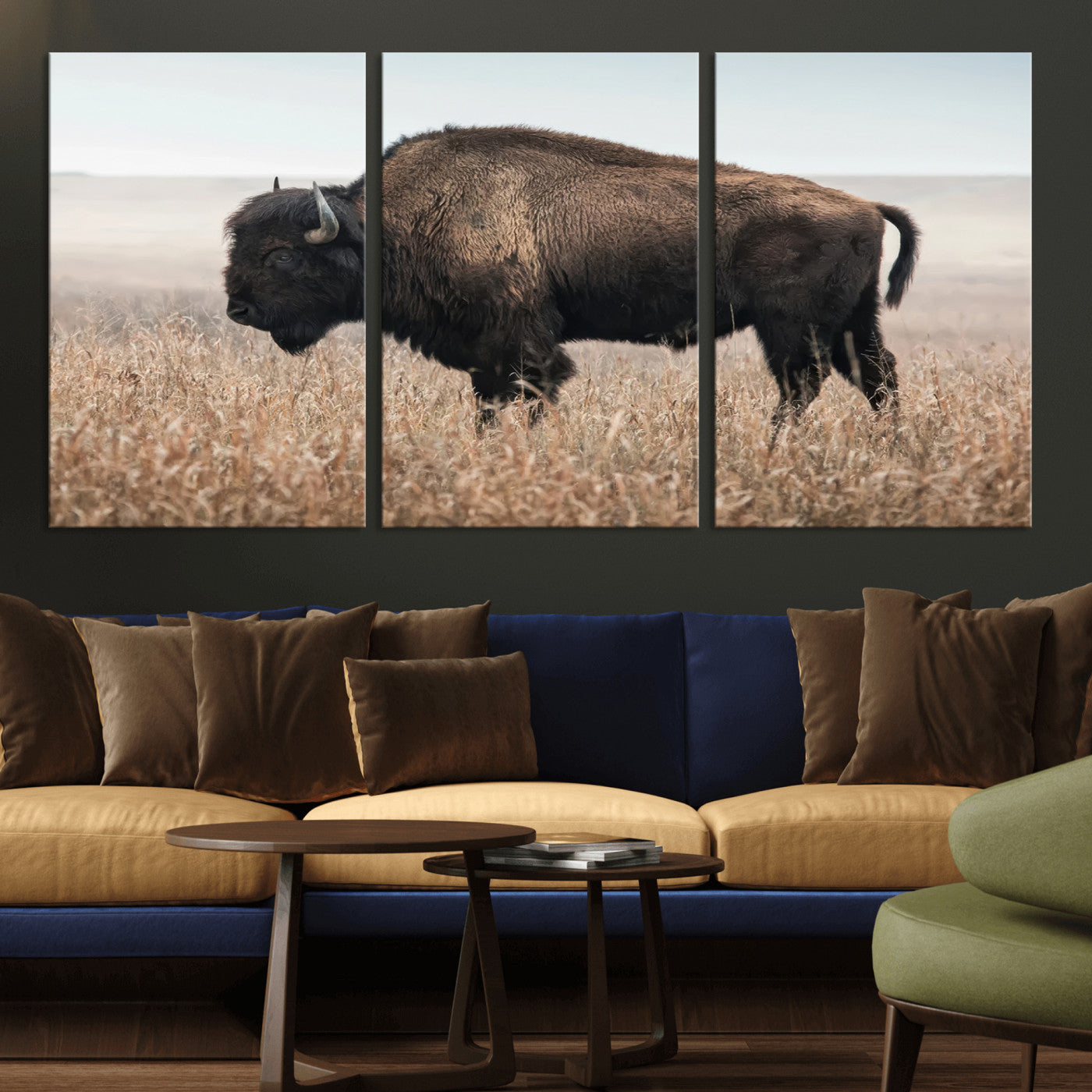 69909079-MGV-CV-36X24-Bison Wall Art – Majestic Buffalo Canvas Print in Prairie Grasslands, Rustic Western Animal Painting, Farmhouse Ranch Decor for