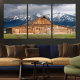 15173627-MGV-CV-36X24-Barn Wall Art – Rustic Wooden Cabin Canvas Print with Snowy Mountain Landscape, Western Farmhouse Country Decor for Living Room,