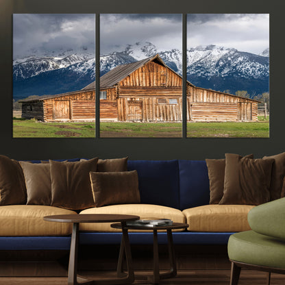 15173627-MGV-CV-36X24-Barn Wall Art – Rustic Wooden Cabin Canvas Print with Snowy Mountain Landscape, Western Farmhouse Country Decor for Living Room,