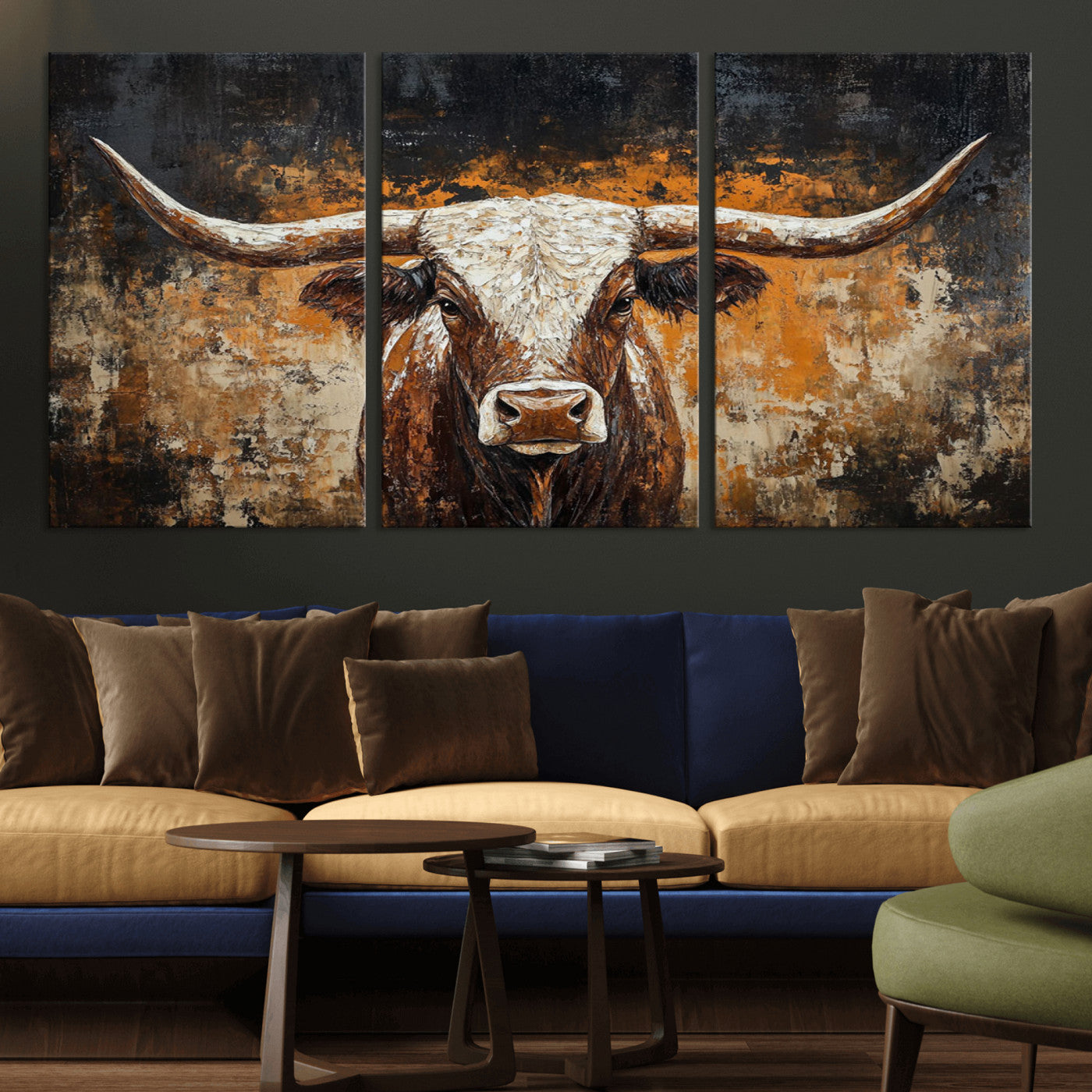25265572-MGV-CV-36X24-Longhorn Bull Wall Art – Rustic Western Texas Steer Canvas Print, Textured Animal Painting for Home, Office, Man Cave or Farmhouse
