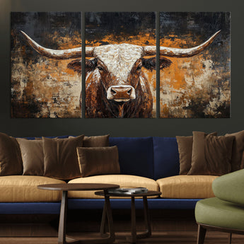 25265572-MGV-CV-36X24-Longhorn Bull Wall Art – Rustic Western Texas Steer Canvas Print, Textured Animal Painting for Home, Office, Man Cave or Farmhouse