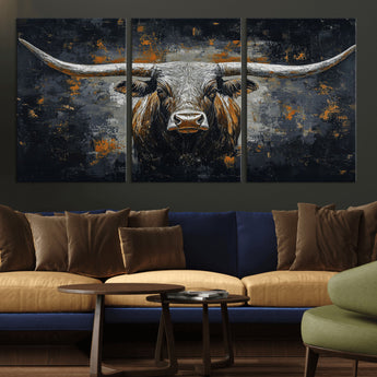 93195031-MGV-CV-36X24-Dark Longhorn Bull Wall Art – Western Steer Canvas Print, Moody Rustic Animal Painting for Man Cave, Ranch House, Office or Modern