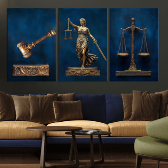 91629053-MGV-CV-36X24-Lady Justice Wall Art – Golden Gavel and Scales Canvas Print, Elegant Legal Office Decor for Lawyers, Judges, Courtroom or Study