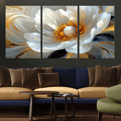 39604126-MGV-CV-36X24-Abstract Flower Wall Art – Elegant White and Gold Bloom Canvas Print, Modern Floral Artwork for Bedroom, Living Room, or Office