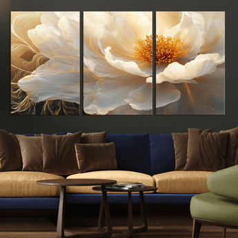 29539087-MGV-CV-36X24-Floral Wall Art – Elegant White and Gold Bloom Canvas Print, Romantic Modern Flower Artwork for Bedroom, Living Room, or Office