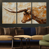 69611428-MGV-CV-36X24-Longhorn Bull Wall Art – Rustic Western Canvas Print, Textured Farmhouse Cattle Painting for Living Room, Office, or Ranch House