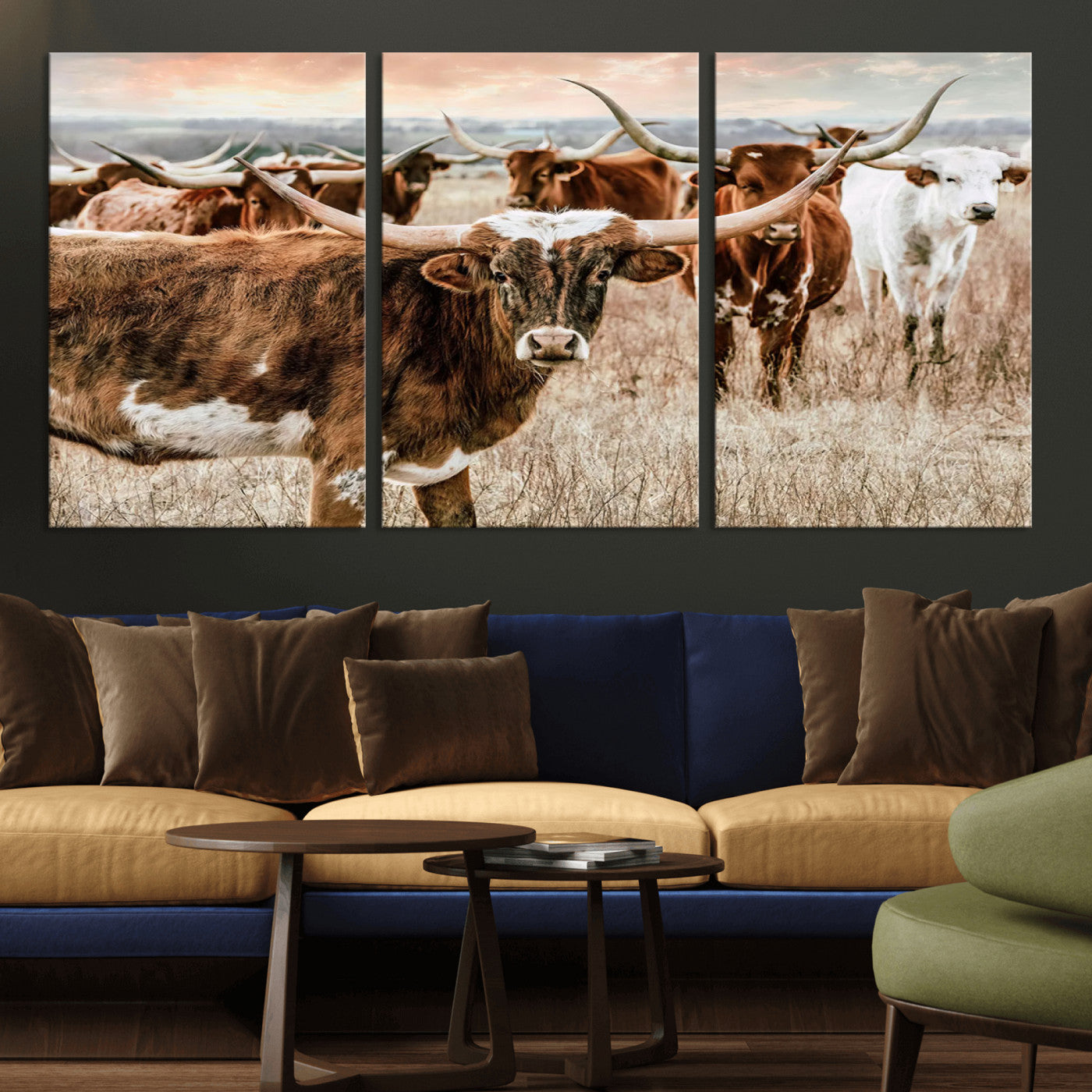 47758300-MGV-CV-36X24-Texas Longhorn Cattle Wall Art – Rustic Western Herd Canvas Print, Cowboy Ranch Farmhouse Decor for Living Room, Office, or