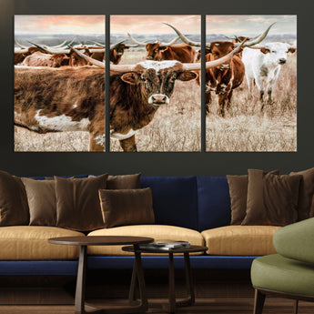 47758300-MGV-CV-36X24-Texas Longhorn Cattle Wall Art – Rustic Western Herd Canvas Print, Cowboy Ranch Farmhouse Decor for Living Room, Office, or