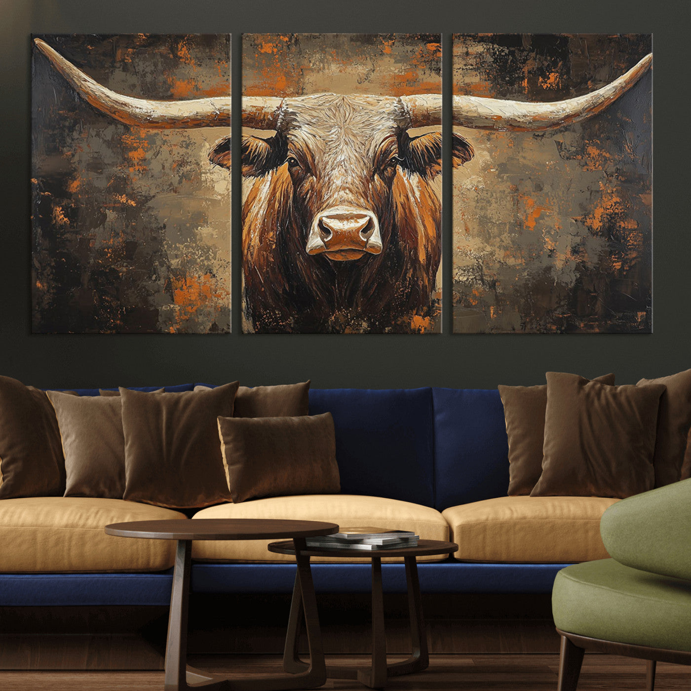 19204445-MGV-CV-36X24-Texas Longhorn Bull Wall Art – Rustic Western Canvas Print, Bold Cowboy Cattle Painting for Ranch House, Farmhouse, Office, or