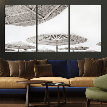 97043123-MGV-CV-36X24-Beach Umbrella Wall Art – Minimalist Coastal Canvas Print, Woven Parasol Summer Decor for Bedroom, Living Room, or Modern Beach