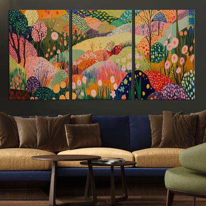 79636380-MGV-CV-36X24-Colorful Abstract Landscape Wall Art – Vibrant Hills and Flowers Canvas Print, Modern Whimsical Artwork for Living Room, Bedroom,