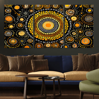 45478523-MGV-CV-36X24-Abstract Circle Wall Art – Bold Black and Gold Dot Painting Canvas Print, Modern Geometric Mandala Style Decor for Living Room or