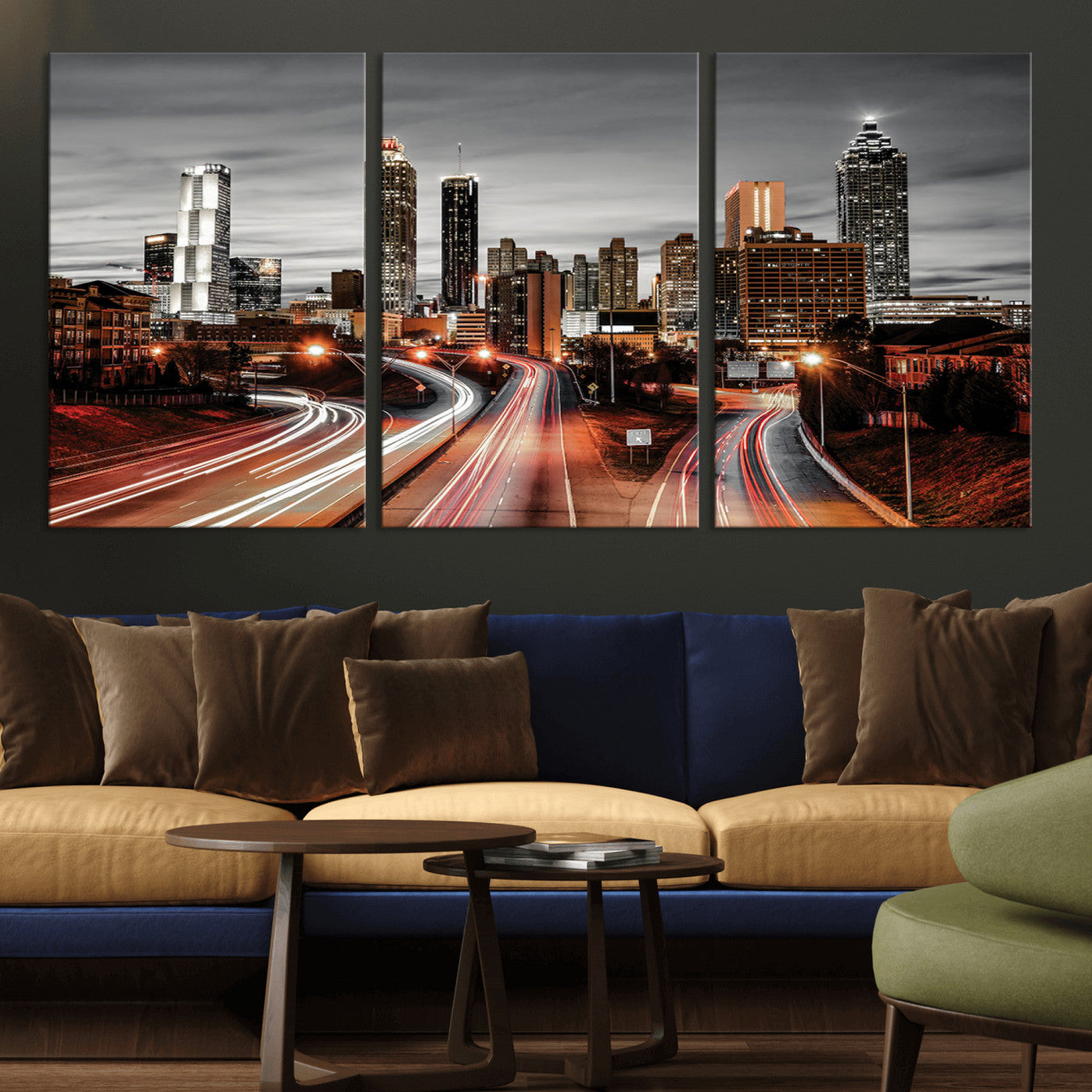 59097239-MGV-CV-36X24-City Skyline Wall Art – Modern Black and White Night Canvas Print with Red Light Trails, Urban Landscape Decor for Living Room or