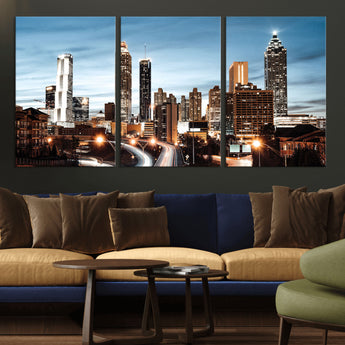 23859158-MGV-CV-36X24-Atlanta Skyline Wall Art – Modern Cityscape Canvas Print with Night Lights and Traffic Trails, Urban Decor for Office, Apartment,