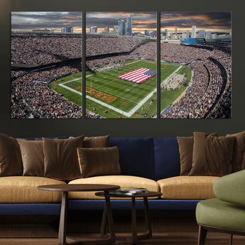 98106777-MGV-CV-36X24-Soldier Field Wall Art – Chicago Bears Stadium Canvas Print with American Flag, Game Day Football Decor for Man Cave, Bar, or