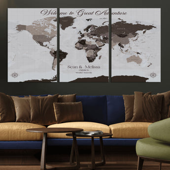 43749658-MGV-CV-36X24-Welcome to Great Adventure World Map Wall Art – Charcoal Gray Canvas Print, Rustic Travel Decor for Living Room, Study, Office or