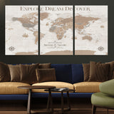63516865-MGV-CV-36X24-Explore Dream Discover World Map Wall Art – Inspirational Travel Adventure Canvas Print, Neutral Parchment Style Explorer Decor