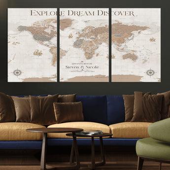 63516865-MGV-CV-36X24-Explore Dream Discover World Map Wall Art – Inspirational Travel Adventure Canvas Print, Neutral Parchment Style Explorer Decor