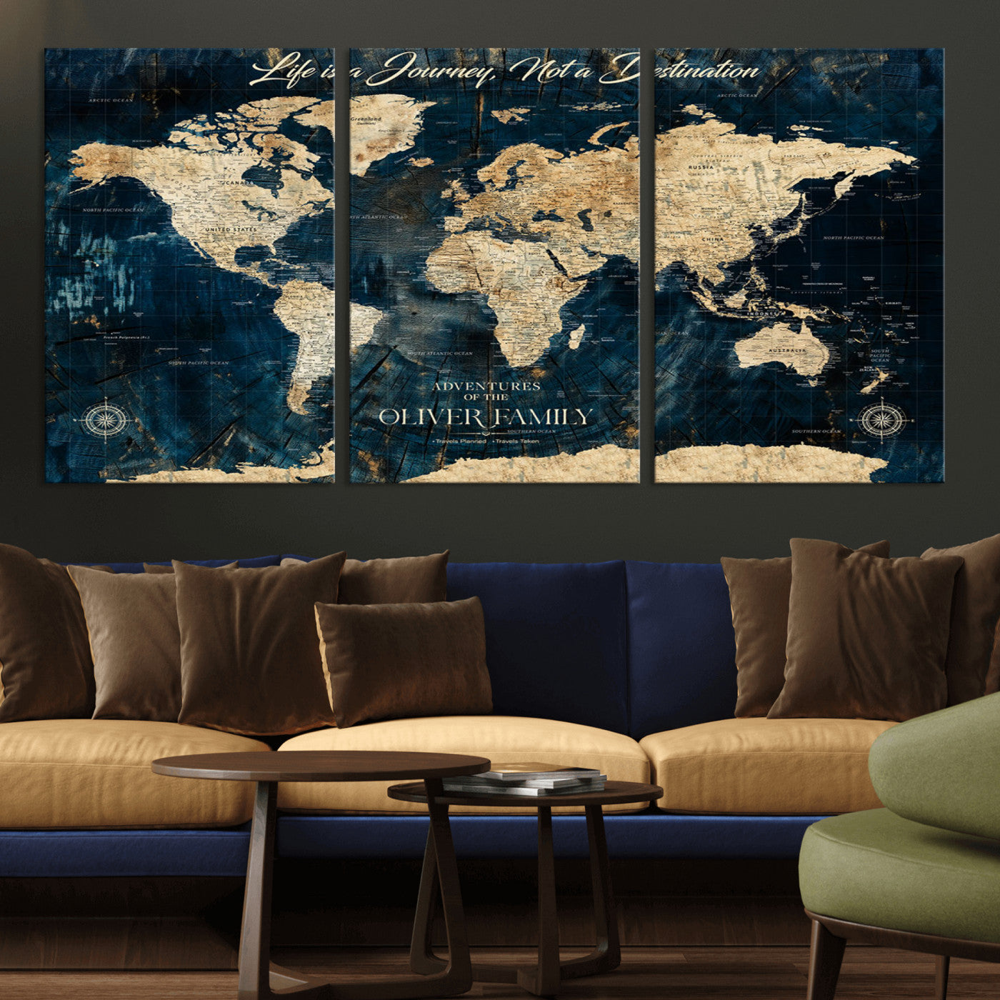 36970886-MGV-CV-36X24-Life is a Journey Not a Destination World Map Rustic Navy Beige Vintage Travel Wall Art Adventure Quote Canvas Print for Home