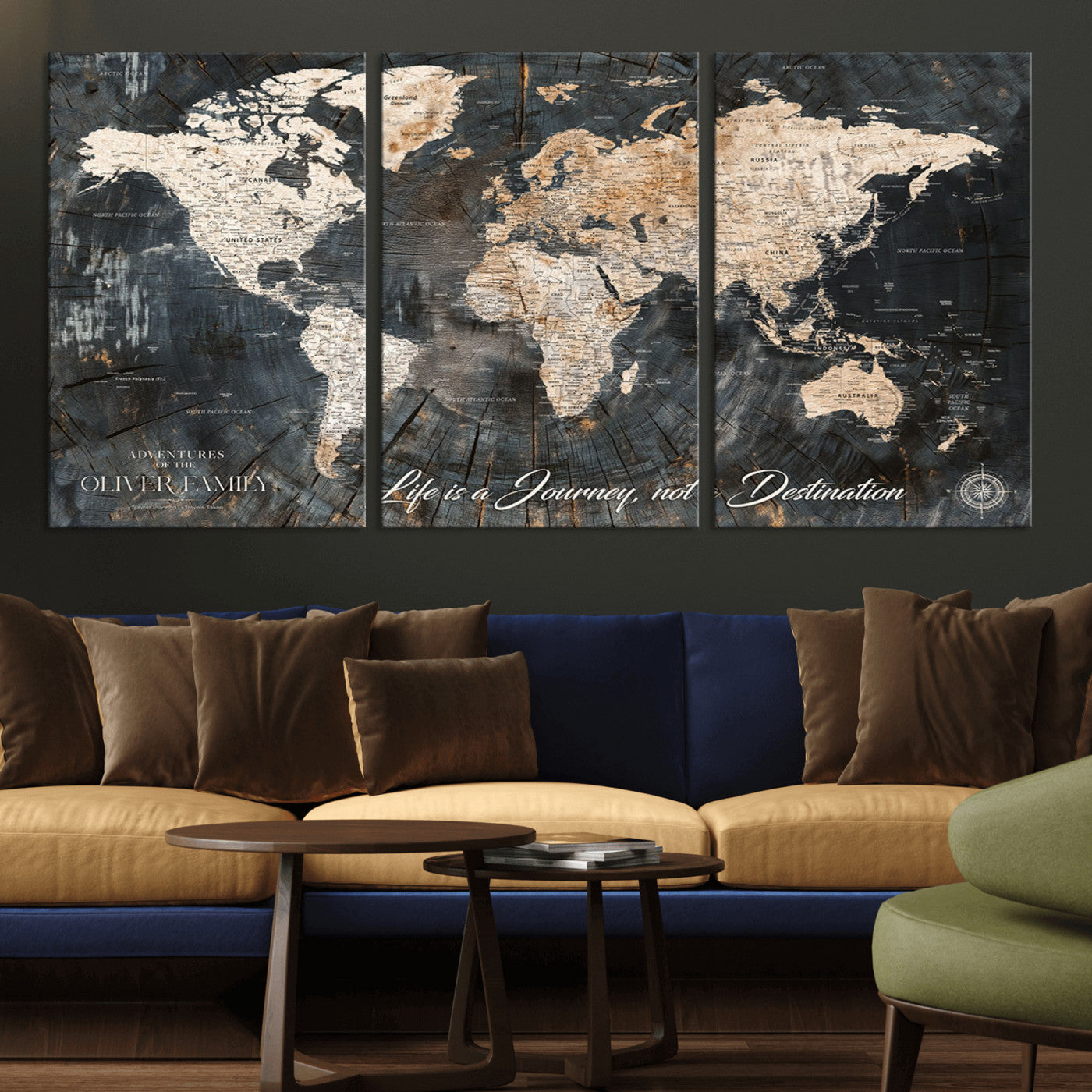 37848568-MGV-CV-36X24-Life is a Journey Not a Destination World Map Rustic Wood Texture Vintage Beige Navy Adventure Wall Art Canvas Print for Home