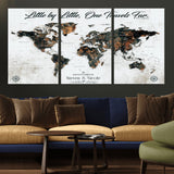 88337180-MGV-CV-36X24-Little by Little One Travels Far Tolkien Quote World Map Rustic Black Brown Adventure Wall Art Canvas Print for Home Office Living