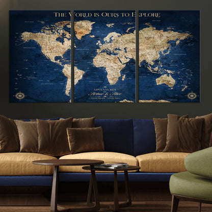 54782997-MGV-CV-36X24-The World is Ours to Explore Wall Art – Blue World Map Canvas Print, Adventure Travel Decor for Home, Office or Living Room,