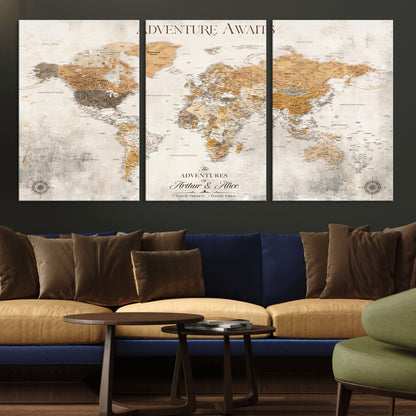 99422096-MGV-CV-36X24-Adventure Awaits World Map Wall Art – Neutral Beige Canvas Print, Modern Travel Inspired Wall Decor for Living Room, Bedroom or
