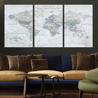 94249974-MGV-CV-36X24-Ours Explore World Map Wall Art – Modern Travel Canvas Print, Neutral Adventure Decor for Living Room, Office, Study, Bedroom,