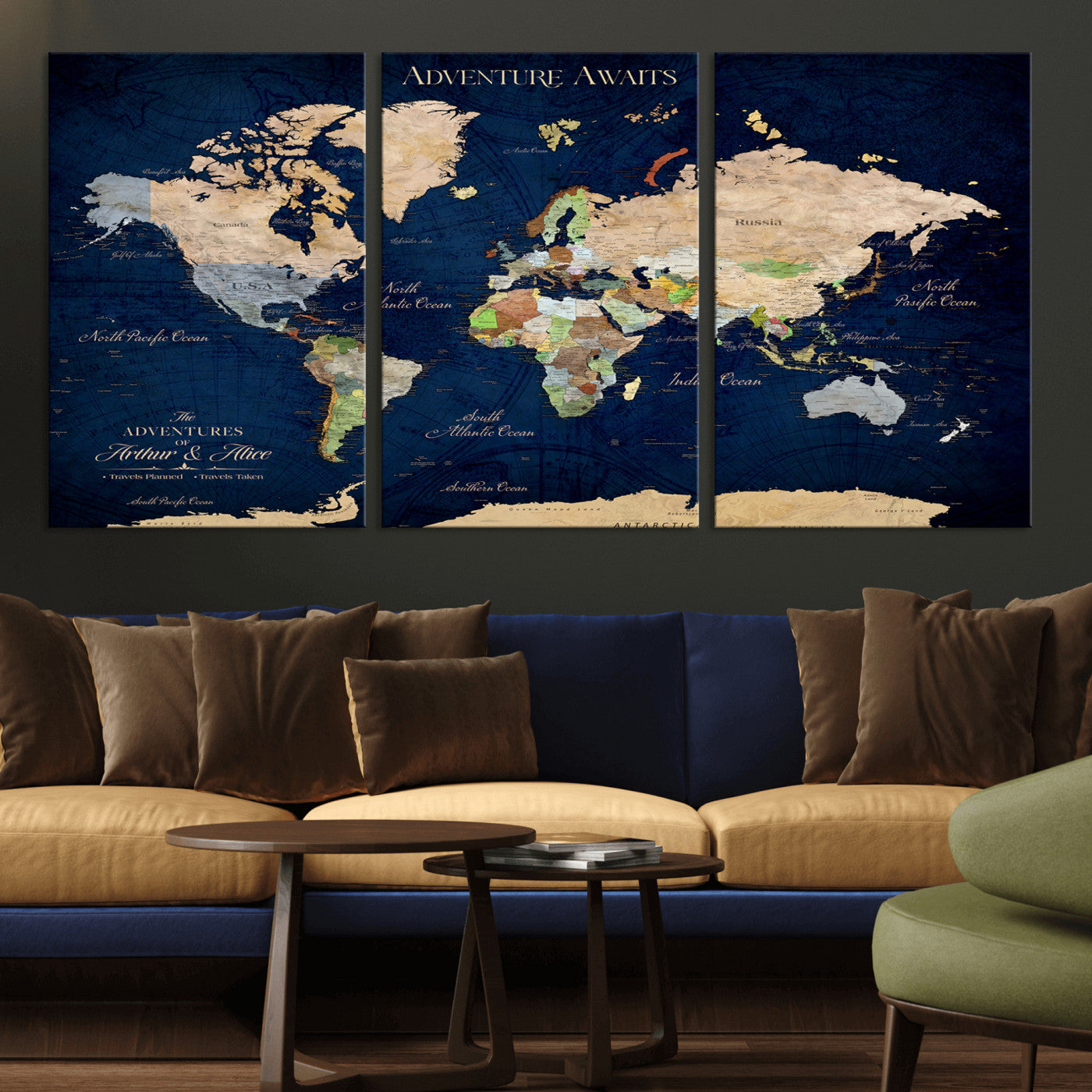 43160428-MGV-CV-36X24-Adventure Awaits Navy Blue World Map – Vibrant Travel Canvas Wall Art, Antique Atlas Print, Wanderlust Decor for Home Office