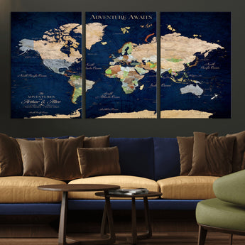43160428-MGV-CV-36X24-Adventure Awaits Navy Blue World Map – Vibrant Travel Canvas Wall Art, Antique Atlas Print, Wanderlust Decor for Home Office