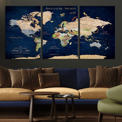 43160428-MGV-CV-36X24-Adventure Awaits Navy Blue World Map – Vibrant Travel Canvas Wall Art, Antique Atlas Print, Wanderlust Decor for Home Office