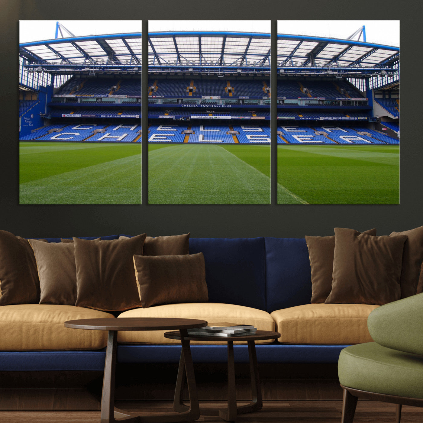 38616413CHELSA-MGV-CV-36X24-Chelsea Stadium Wall Art – Panoramic Football Field Canvas Print, Game Day Sports Decor for Living Room, Office, or Man Cave