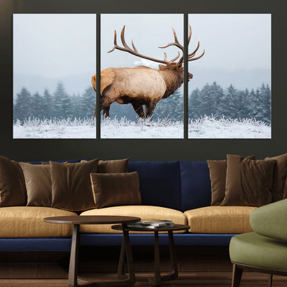 85177251-MGV-CV-36X24-Elk Wall Art – Majestic Wildlife Canvas Print of Bull Elk Snowy Forest, Rustic Nature Decor for Living Room, Cabin, or Office