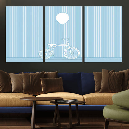 56479838-MGV-CV-36X24-Bicycle Wall Art – Minimalist Blue Canvas Print with Balloon Illustration, Modern Decor Artwork for Kids Room, Nursery, or Living